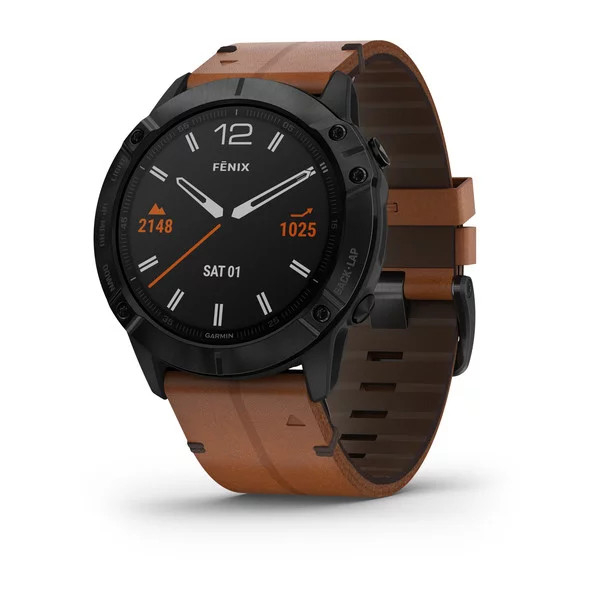 Garmin Fenix 6X Sapphire GPS Multisport Watch Black DLC with Chestnut Leather Band Wildfire Sports