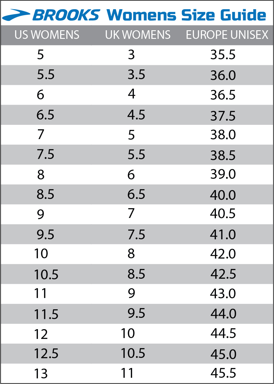 brooks womens size chart