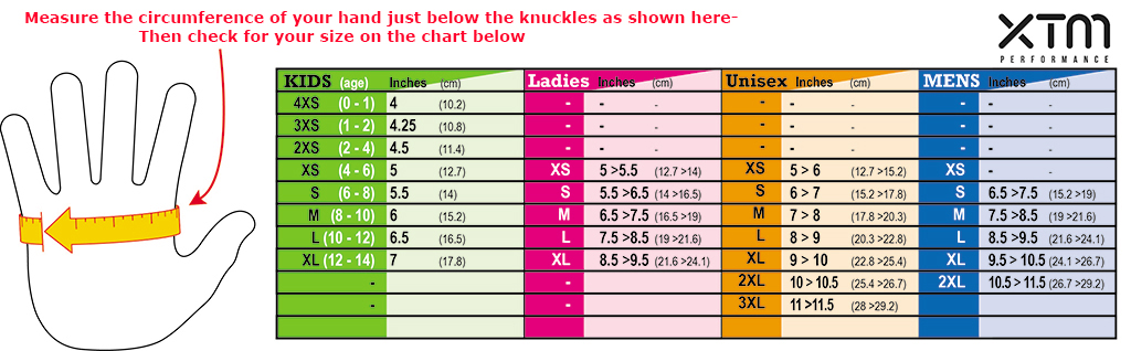 XTM Gloves Size Guide