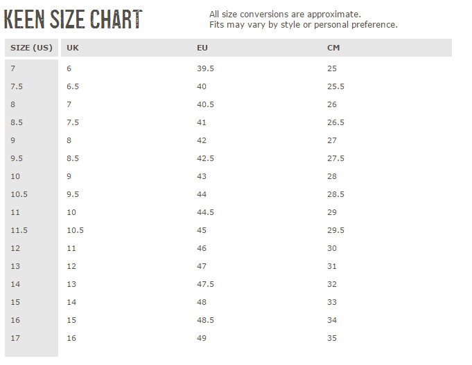 Keen Kids Size Chart