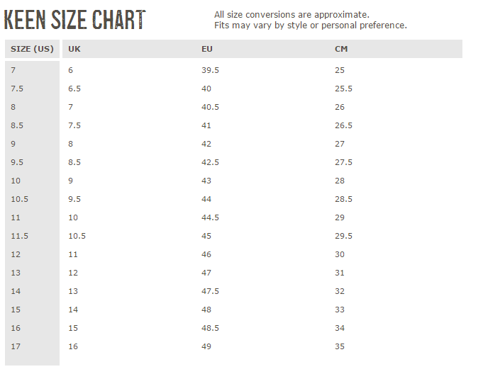 Keen Size Chart Youth