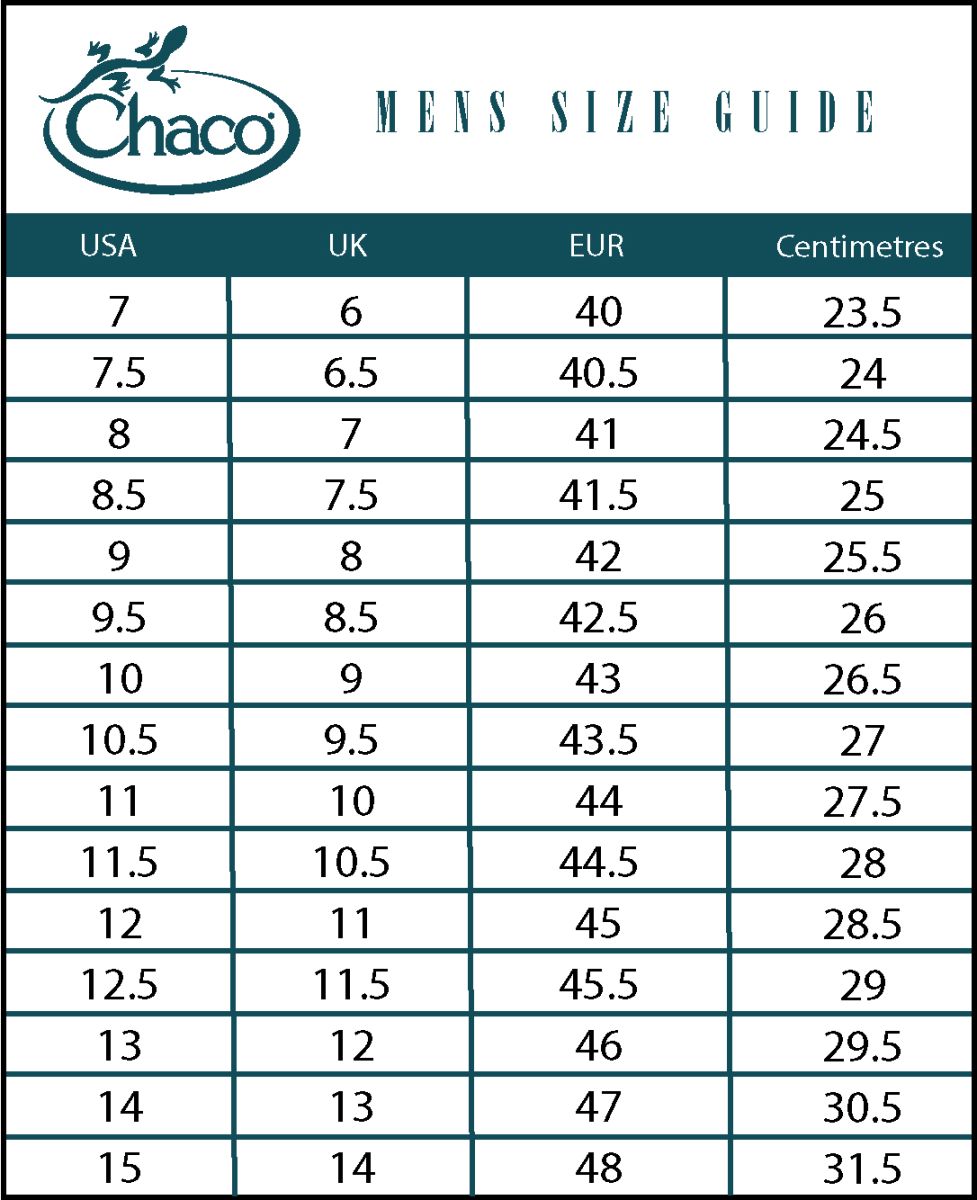Chaco Mens Size Guide