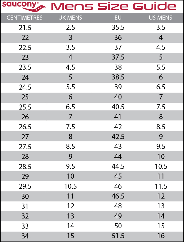 saucony mens shoes size chart