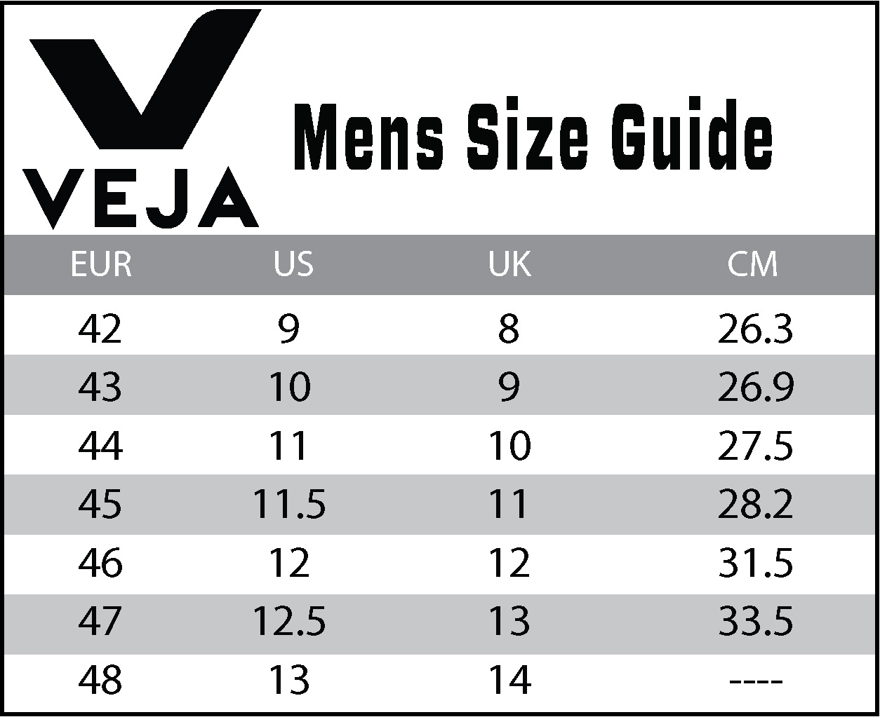 veja size guide cm