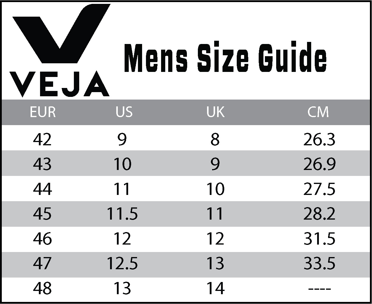Veja Mens Shoes Size Guide
