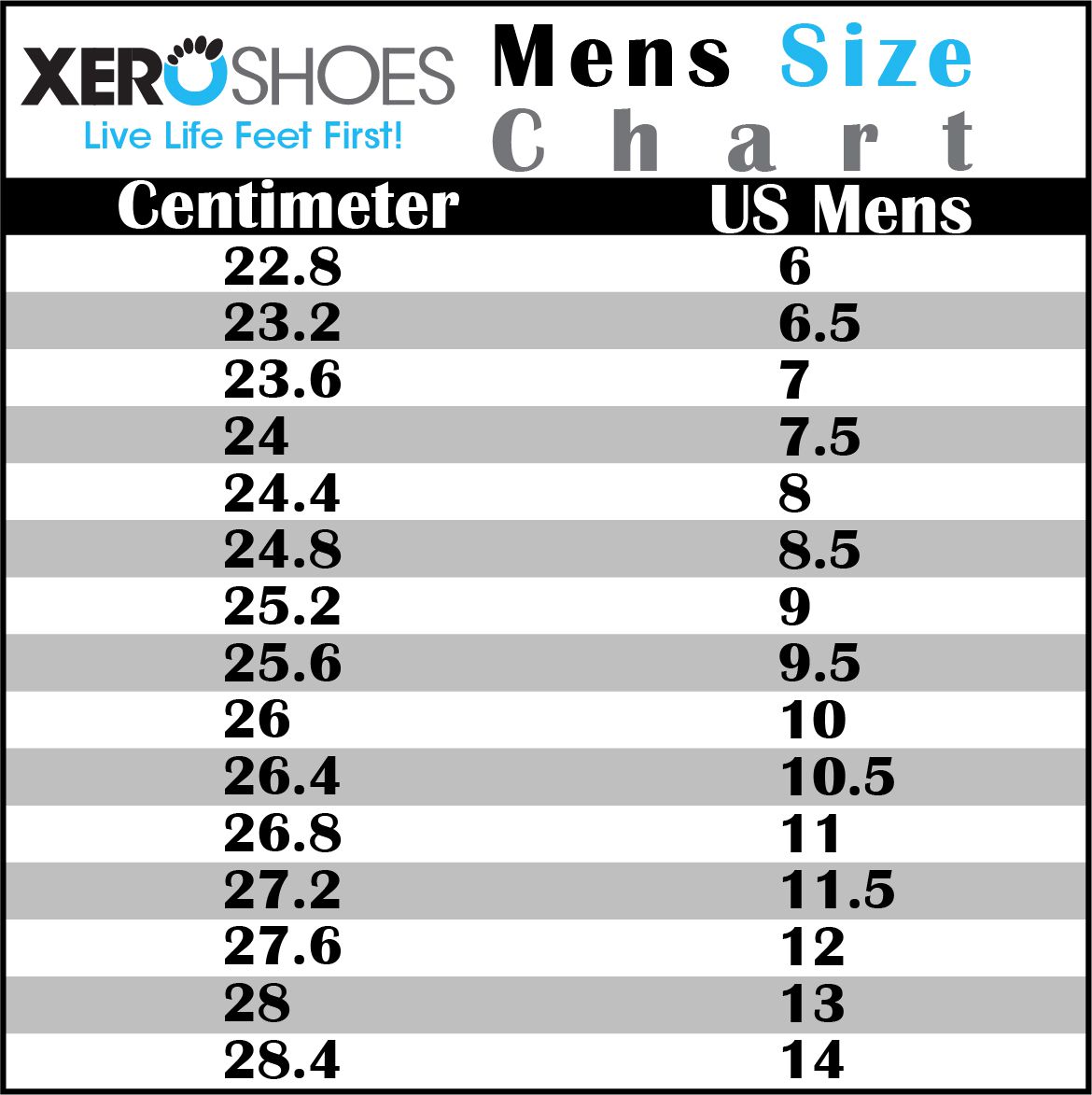 Xero Size Guide Mens
