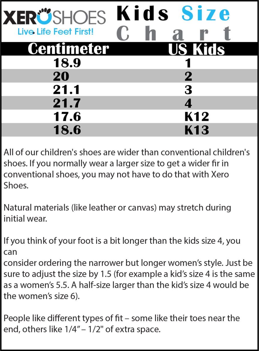 Xero Kids Shoes Size Guide