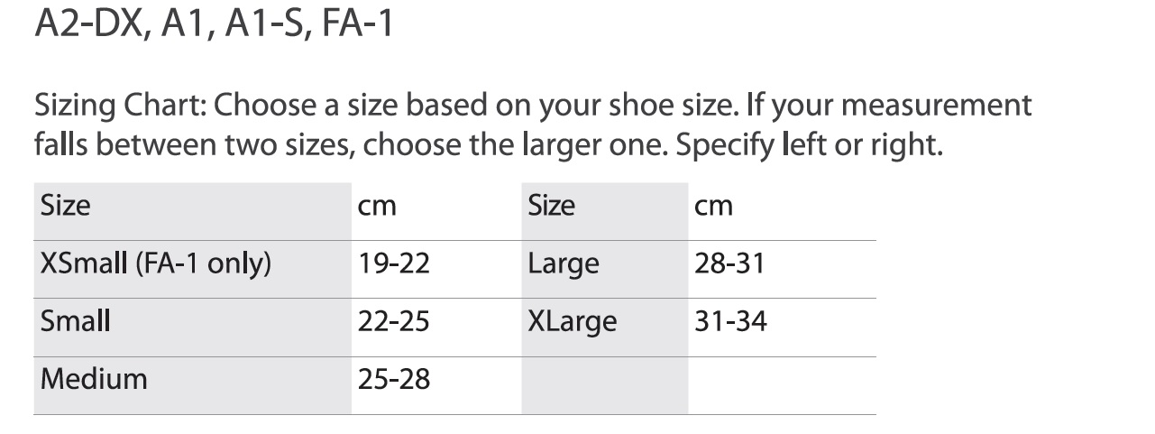 Zamst A2 Dx Size Chart